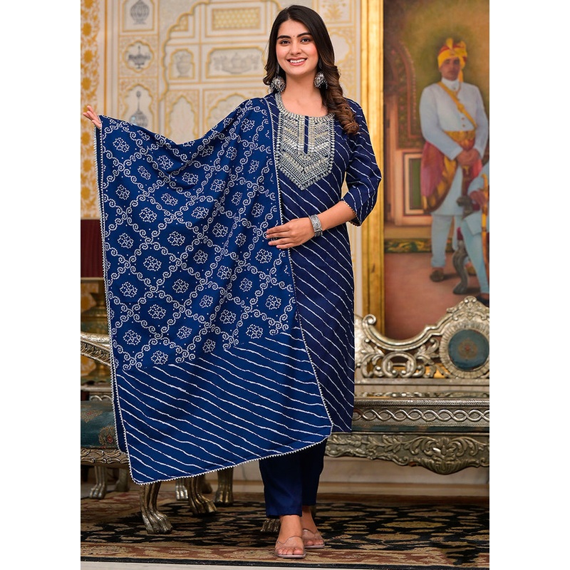 3 Pc Blue Readymade Cotton Dupatta Suit Set - JD986614867