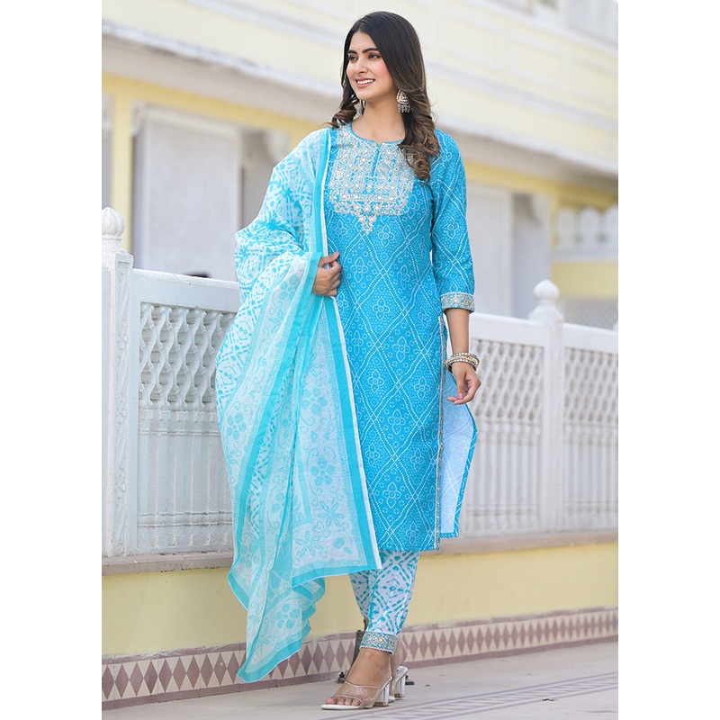 3 Pc Blue Readymade Cotton Dupatta Suit Set - JD986614868