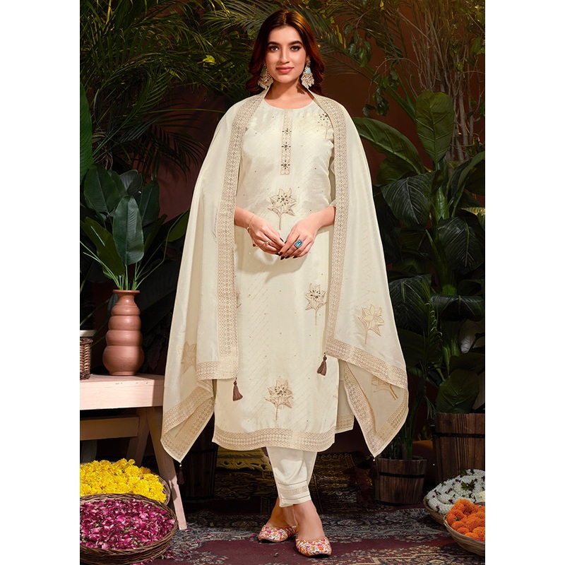 3 Pc Cream Readymade Viscose Dupatta Suit Set - JD986614866
