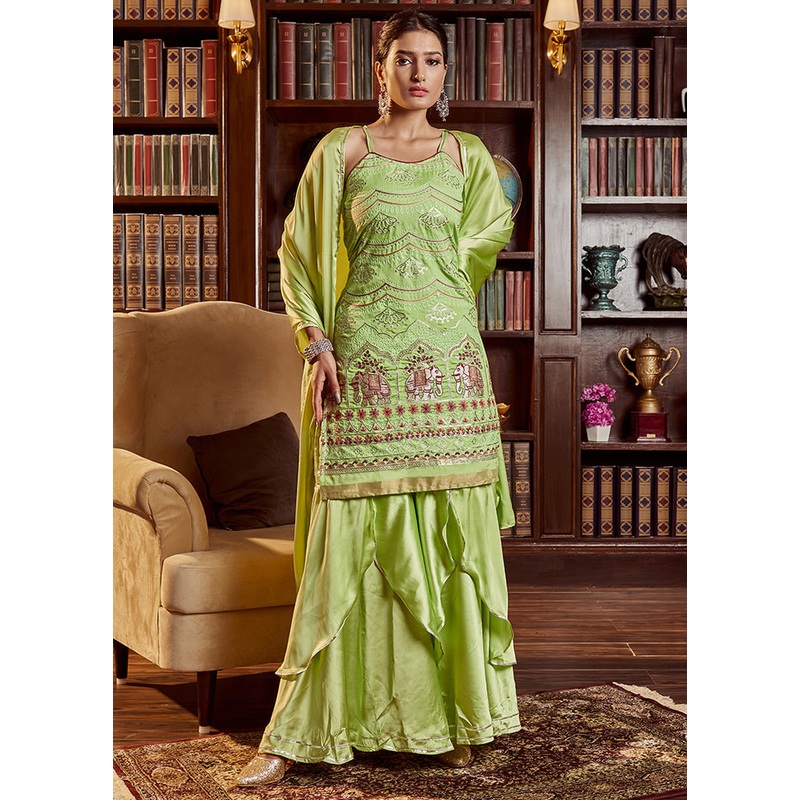 3 Pc Green Readymade Cotton Dupatta Suit Set - JD986614864