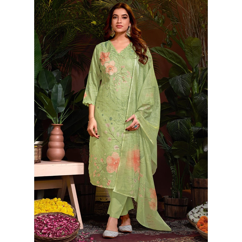 3 Pc Green Readymade Cotton Dupatta Suit Set - JD986614865