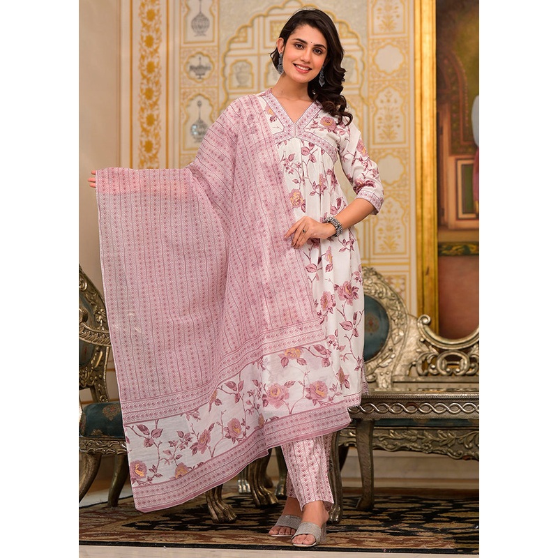 3 Pc White Readymade Cotton Dupatta Suit Set - JD986614855