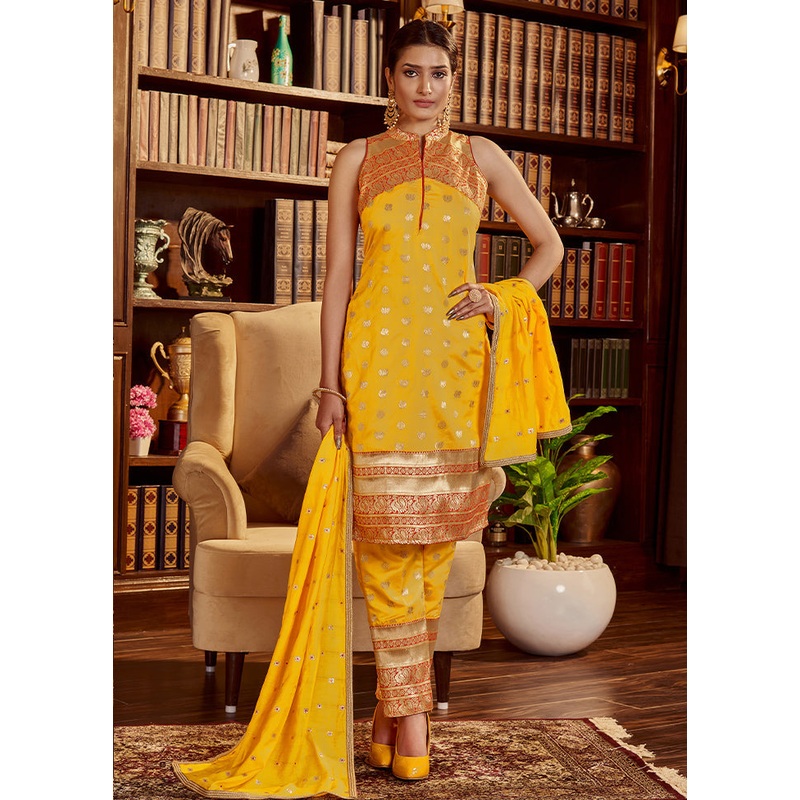 3 Pc Yellow Readymade Silk Dupatta Suit Set - JD986614853