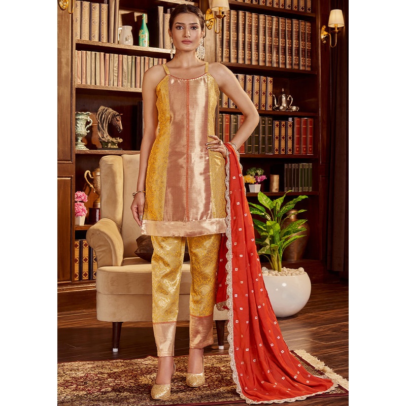 3 Pc Yellow Readymade Silk Dupatta Suit Set - JD986614854