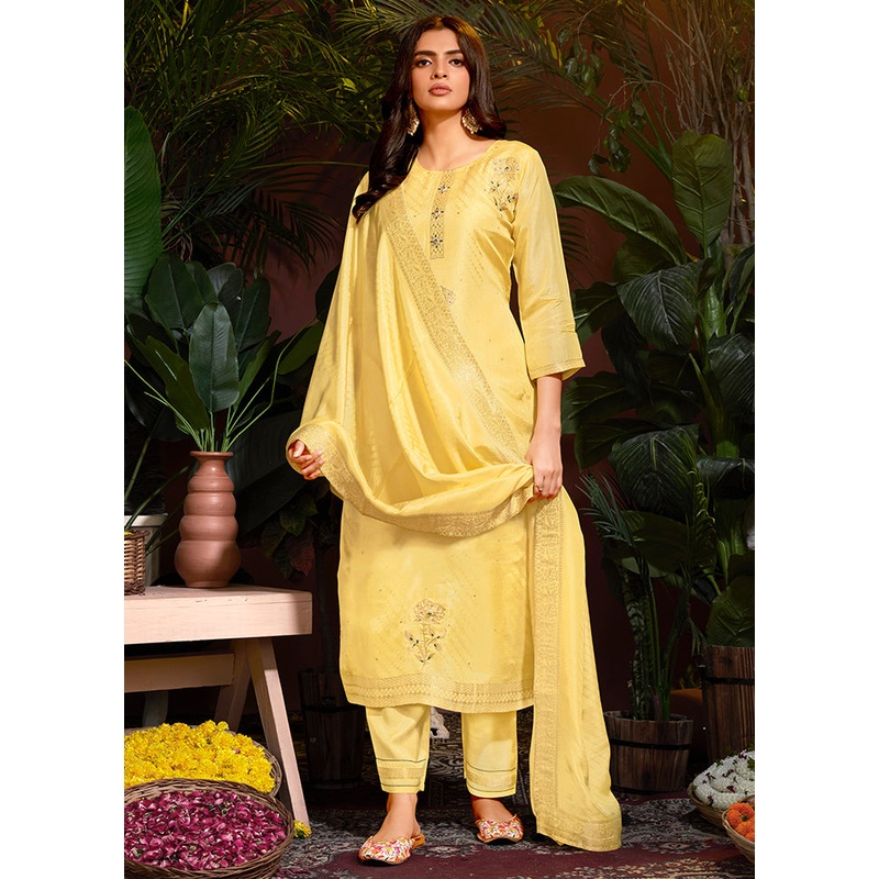 3 Pc Yellow Readymade Viscose Dupatta Suit Set - JD986614852