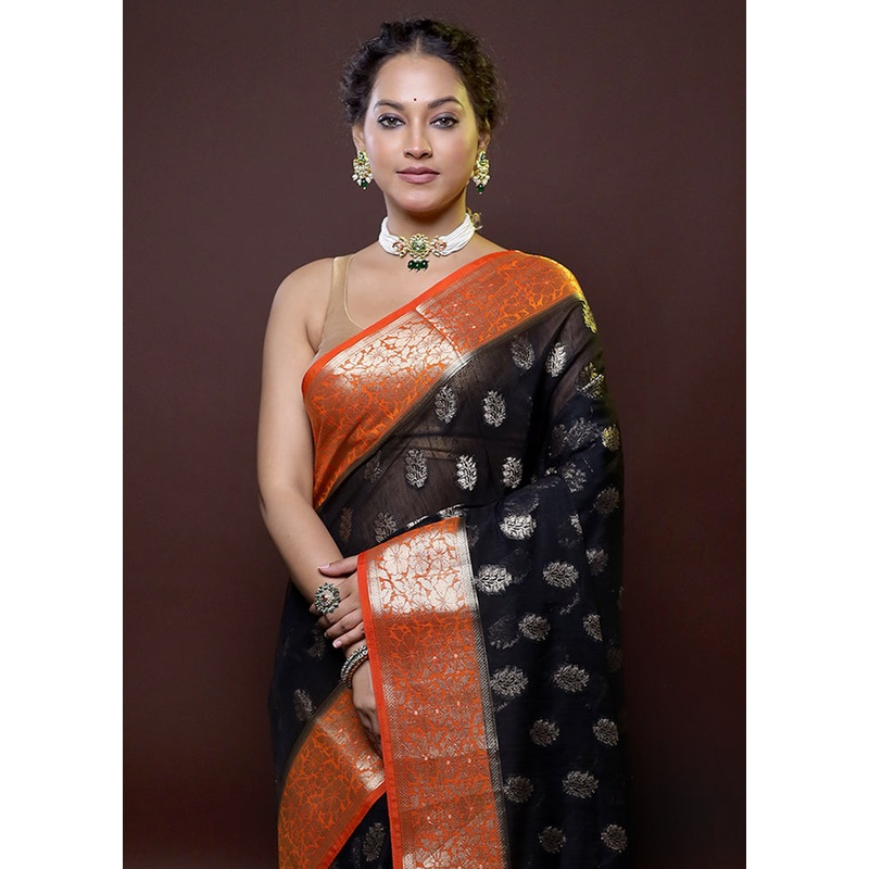 Black Dupion Silk Saree With Blouse Piece - JD986614795