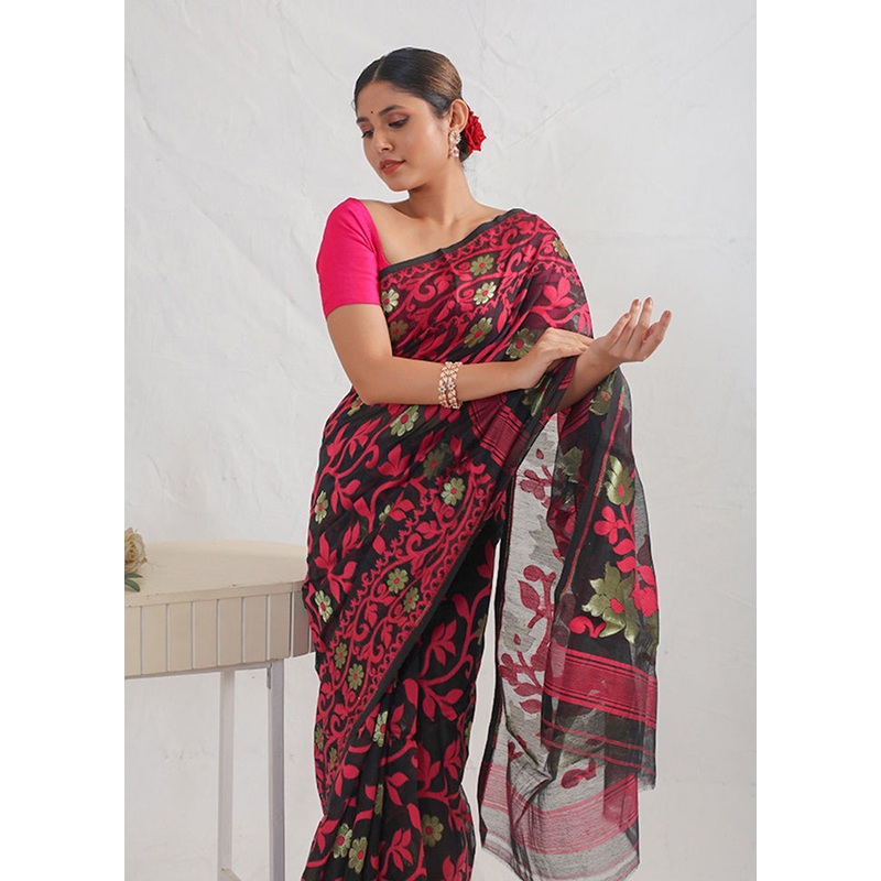 Black Tant Jamdani Saree Without Blouse Piece - JD986614738