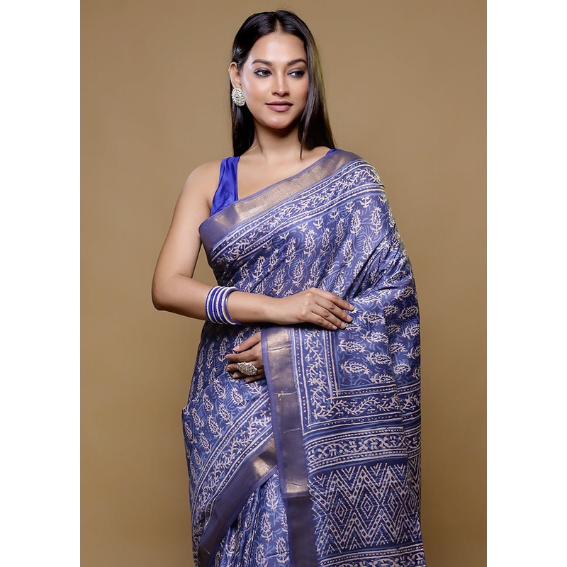 Blue Chanderi Cotton Saree With Blouse Piece - JD986614794