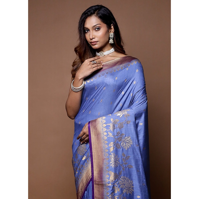 Blue Dupion Silk Saree With Blouse Piece - JD986614730