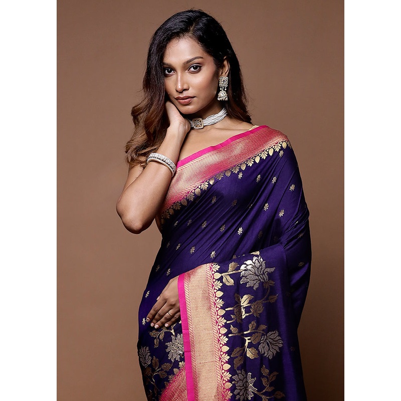 Blue Dupion Silk Saree With Blouse Piece - JD986614731