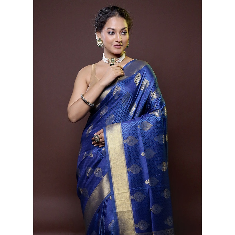 Blue Dupion Silk Saree With Blouse Piece - JD986614790