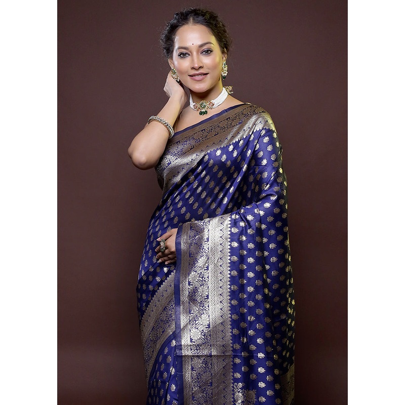 Blue Dupion Silk Saree With Blouse Piece - JD986614791