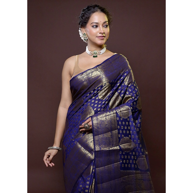 Blue Dupion Silk Saree With Blouse Piece - JD986614793
