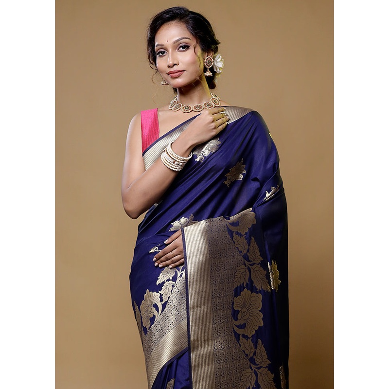 Blue Dupion Silk Saree With Blouse Piece - JD986614820