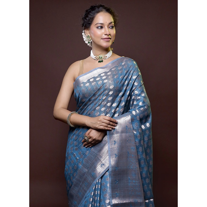 Blue Kora Silk Saree With Blouse Piece - JD986614744