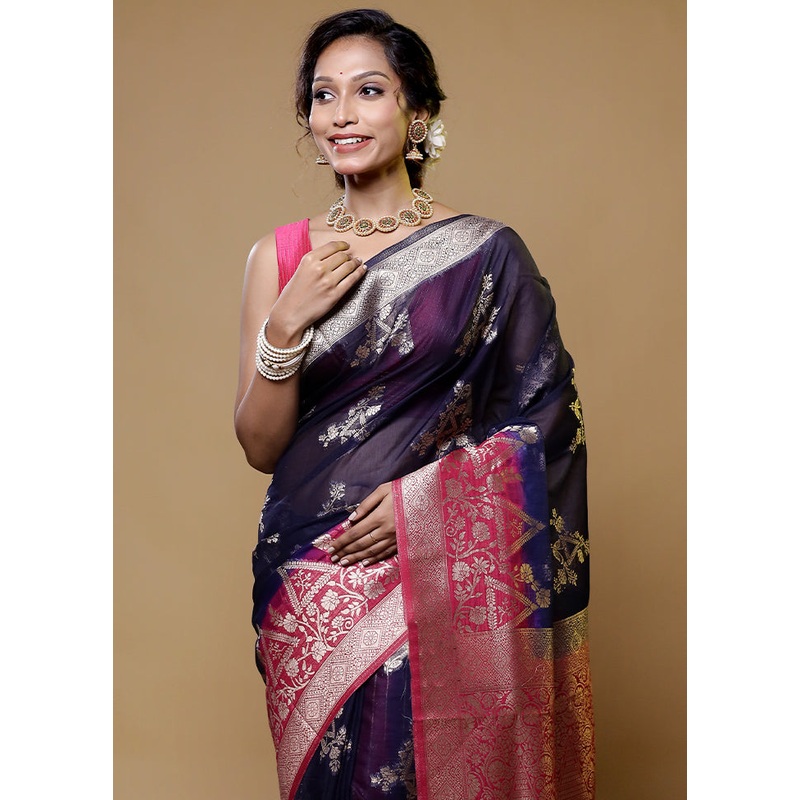 Blue Organza Saree With Blouse Piece - JD986614819