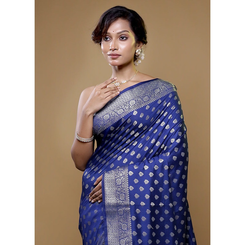 Blue Pure Cotton Saree With Blouse Piece - JD986614789