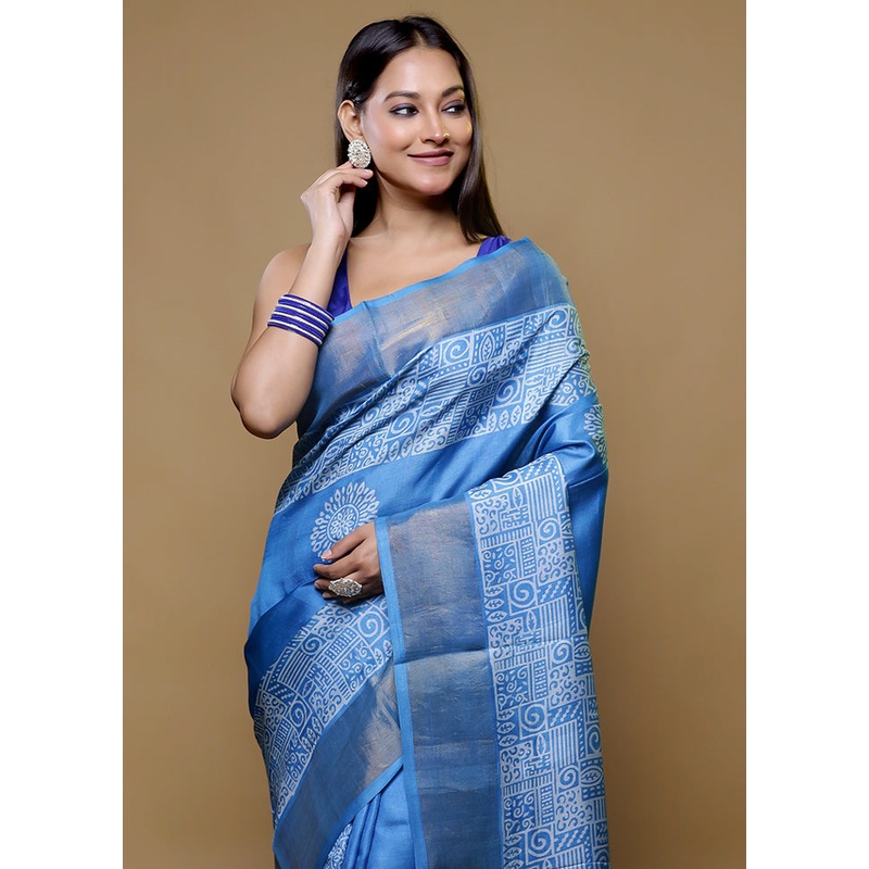 Blue Tussar Silk Saree With Blouse Piece - JD986614785