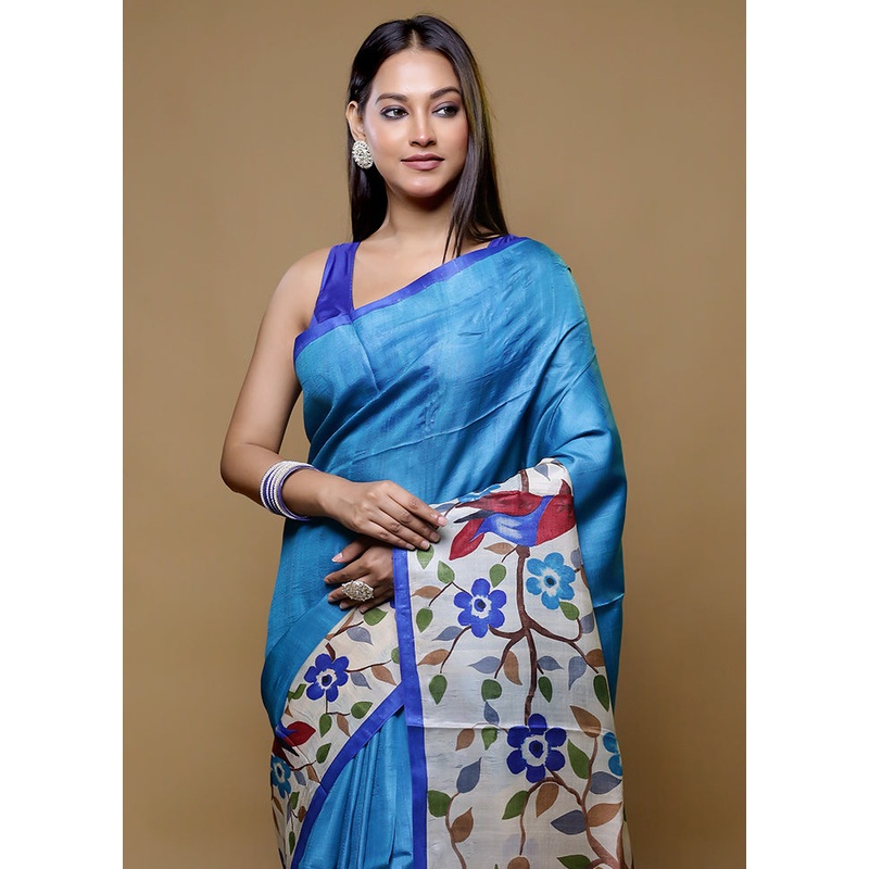 Blue Tussar Silk Saree With Blouse Piece - JD986614786