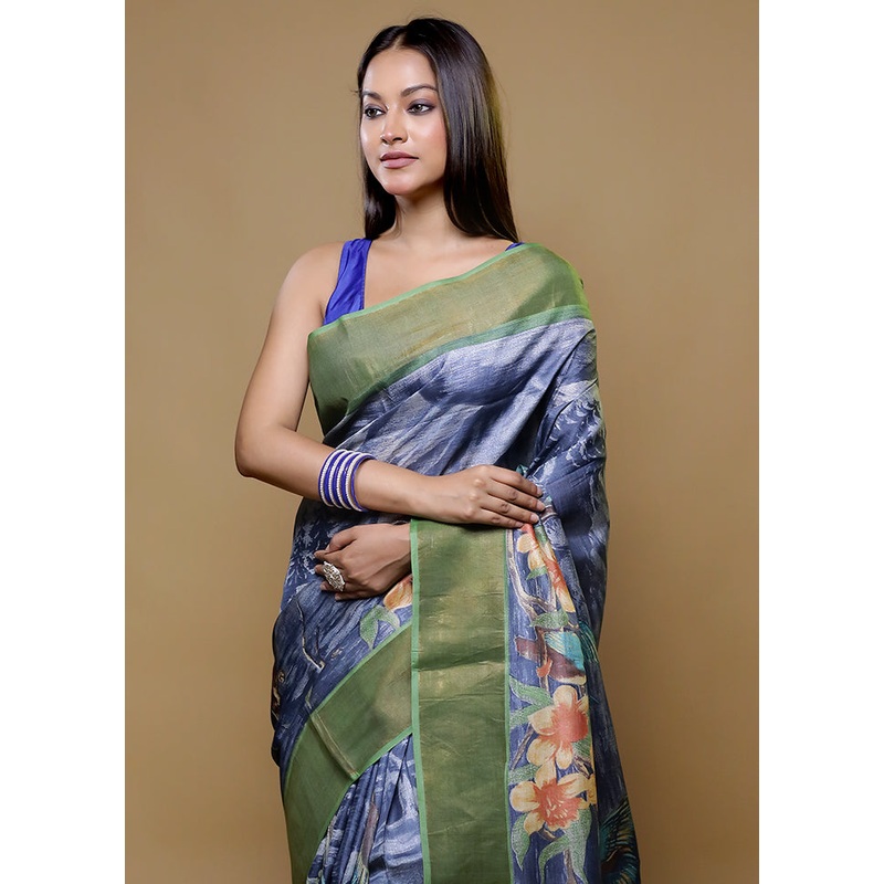 Blue Tussar Silk Saree With Blouse Piece - JD986614787