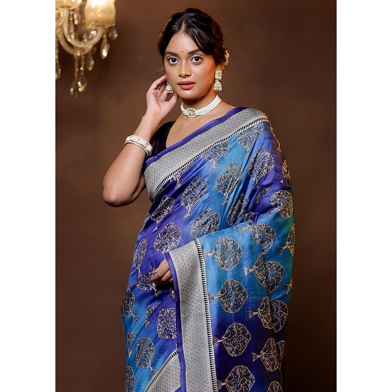 Blue Tussar Silk Saree With Blouse Piece - JD986614818