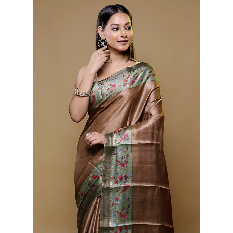 Brown Handloom Tussar Pure Silk Saree With Blouse Piece - JD986614784