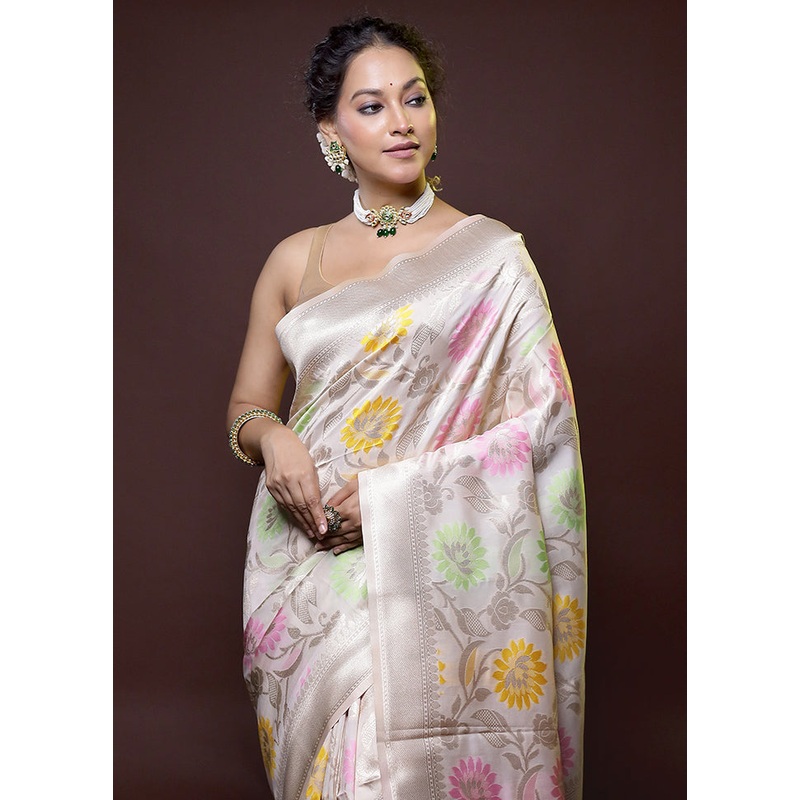 Cream Cotton Saree With Blouse Piece - JD986614781