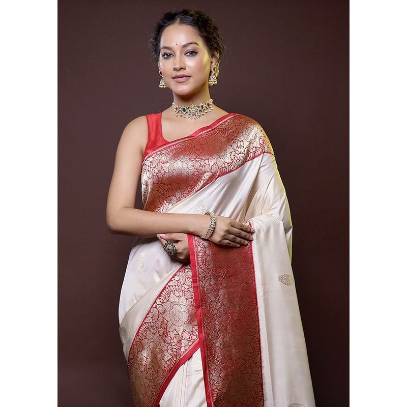 Cream Handloom Katan Pure Silk Saree With Blouse Piece - JD986614778