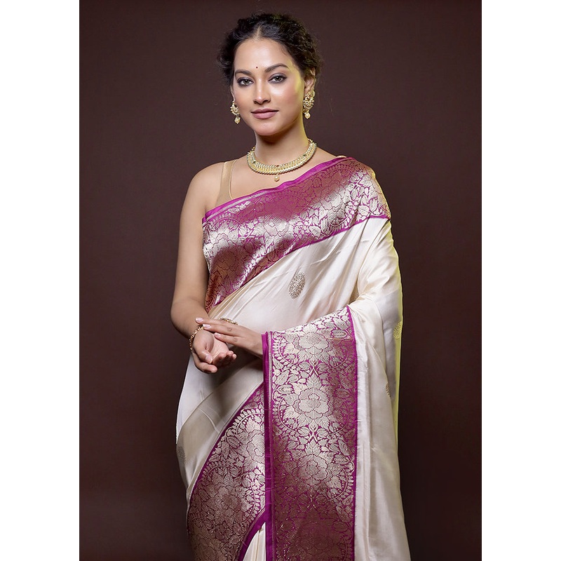 Cream Handloom Katan Pure Silk Saree With Blouse Piece - JD986614779