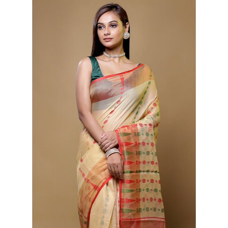 Cream Tant Jamdani Saree Without Blouse Piece - JD986614743