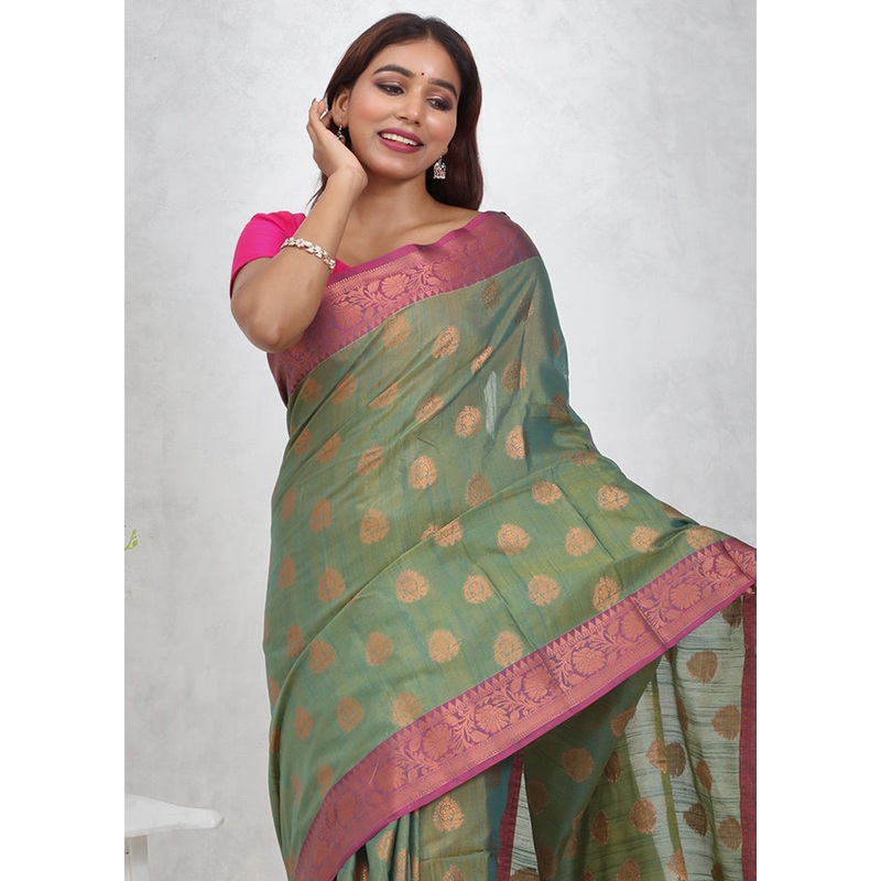 Green Cotton Saree With Blouse Piece - JD986614703