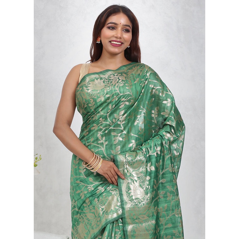Green Cotton Saree With Blouse Piece - JD986614704