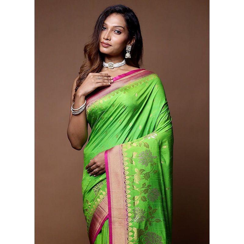 Green Dupion Silk Saree With Blouse Piece - JD986614732