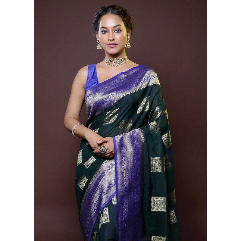 Green Dupion Silk Saree With Blouse Piece - JD986614772