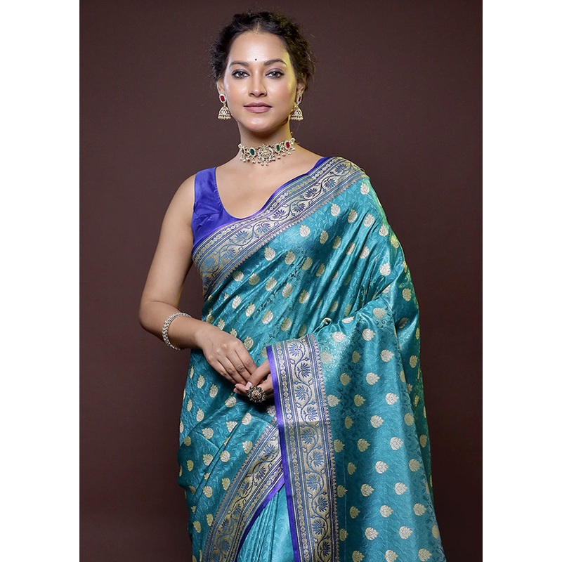 Green Dupion Silk Saree With Blouse Piece - JD986614773