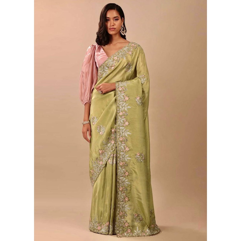 Green Dupion Silk Saree With Blouse Piece - JD986614887