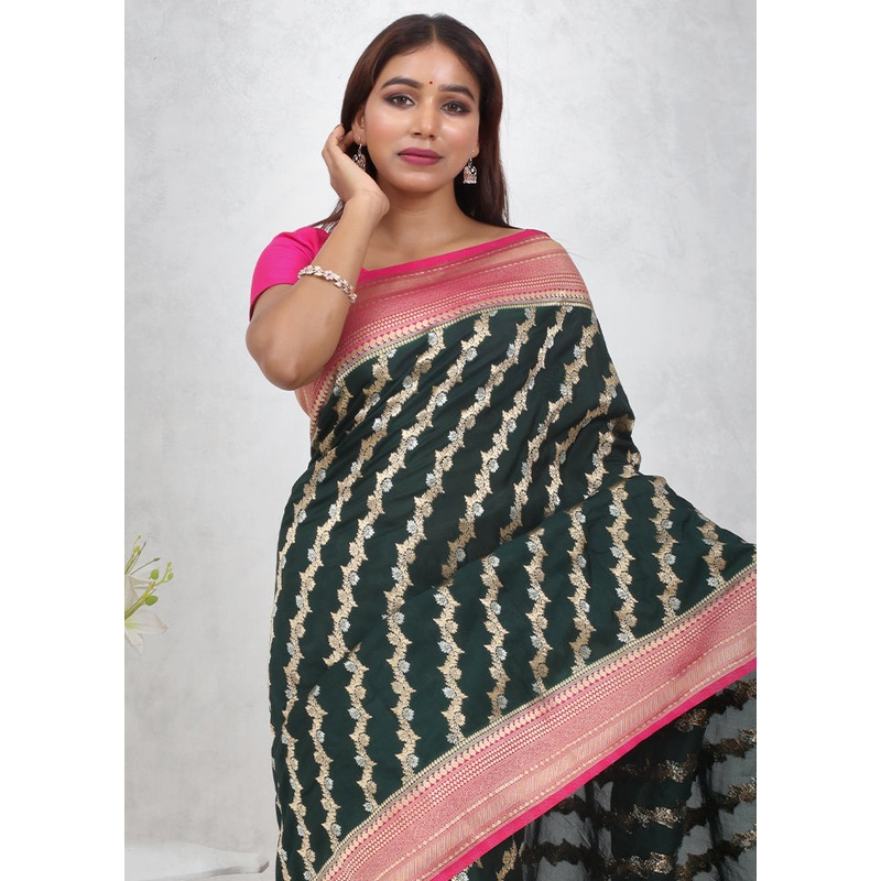 Green Georgette Saree With Blouse Piece - JD986614708