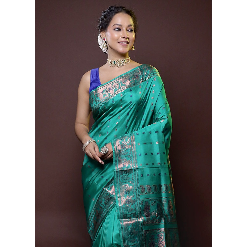 Green Handloom Baluchari Pure Silk Saree With Blouse Piece - JD986614770