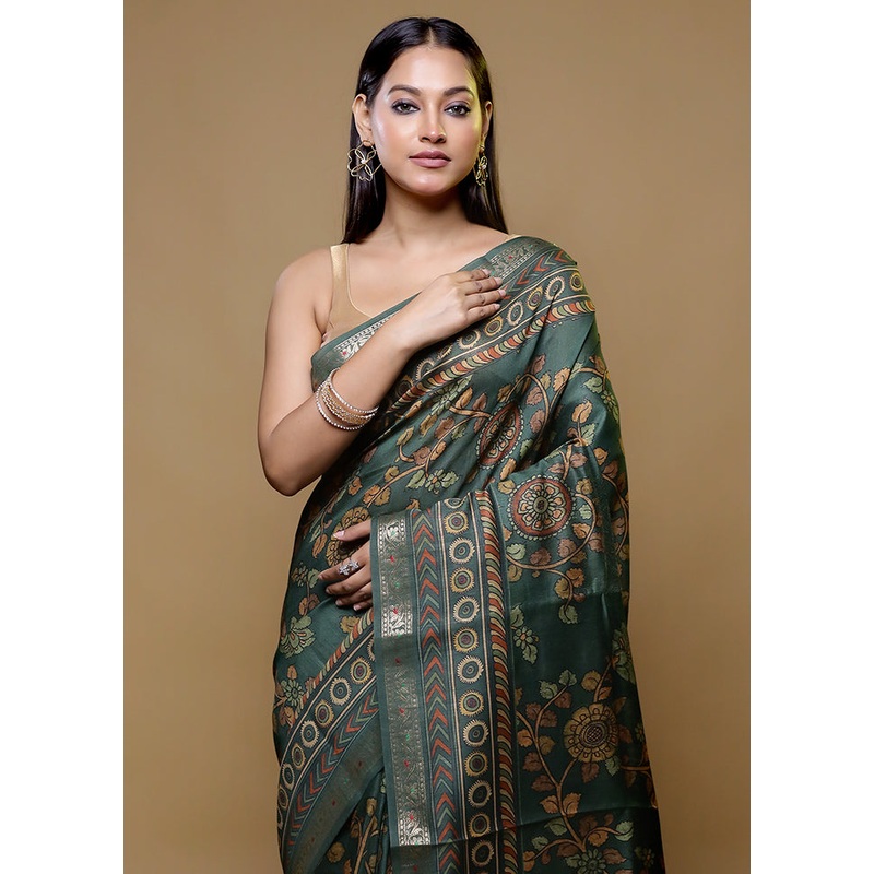 Green Handloom Tussar Pure Silk Saree With Blouse Piece - JD986614768