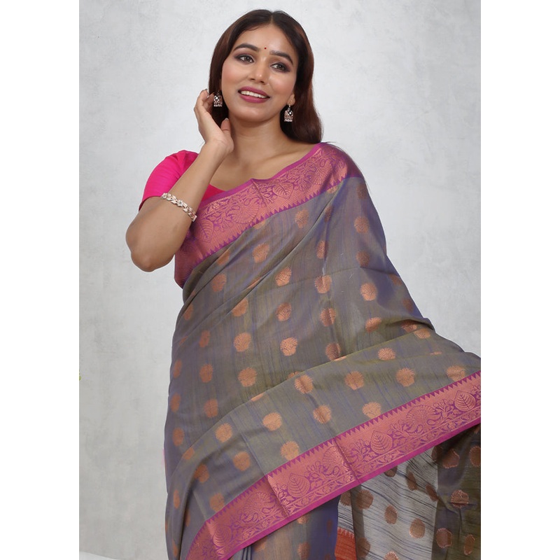 Grey Cotton Saree With Blouse Piece - JD986614709