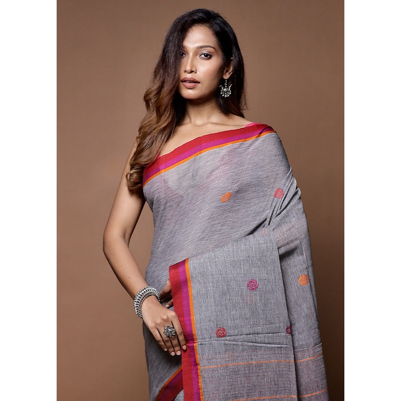 Grey Cotton Saree With Blouse Piece - JD986614733