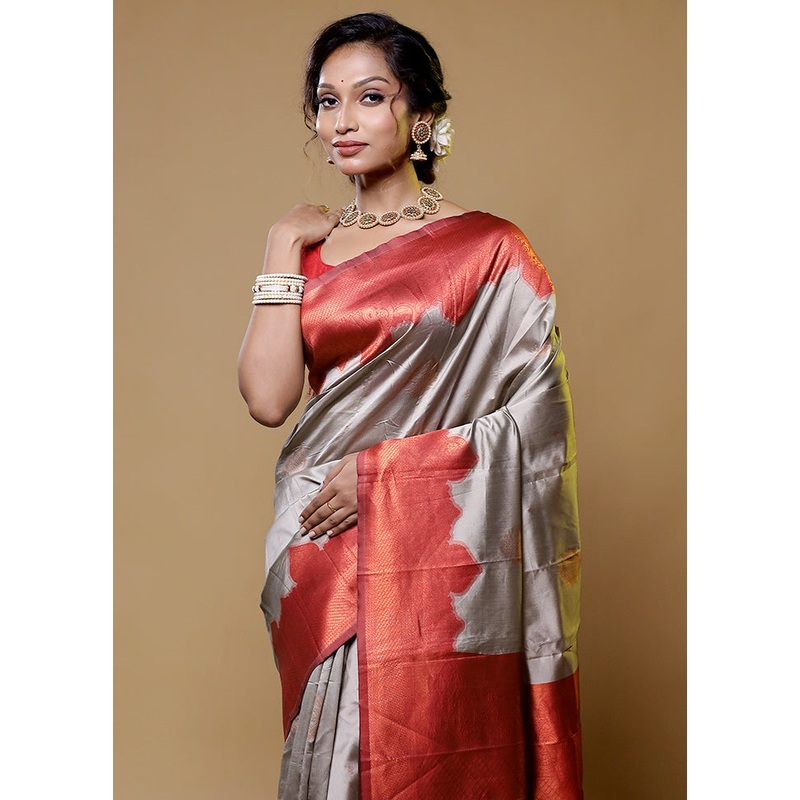 Grey Dupion Silk Saree With Blouse Piece - JD986614814