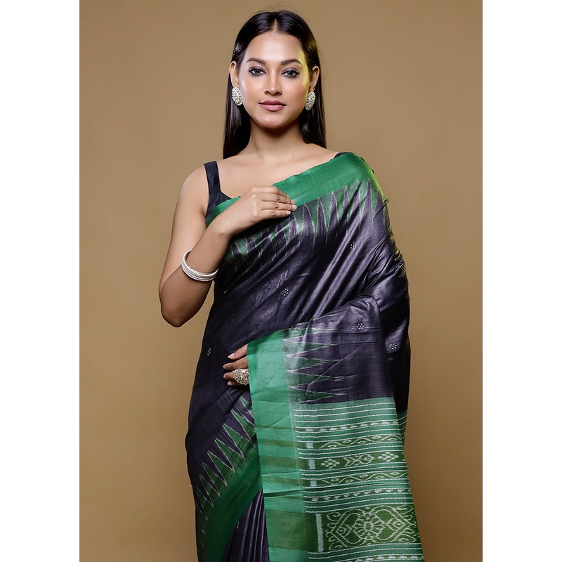Grey Handloom Tussar Pure Silk Saree With Blouse Piece - JD986614766