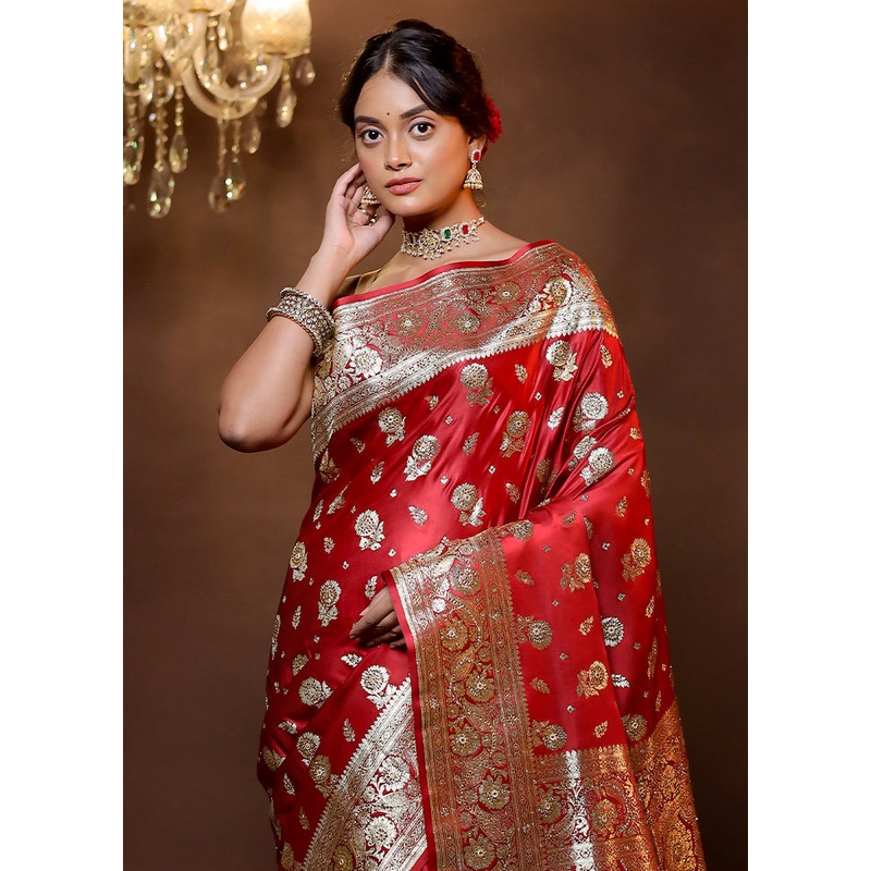 Maroon Banarasi Silk Saree With Blouse Piece - JD986614813