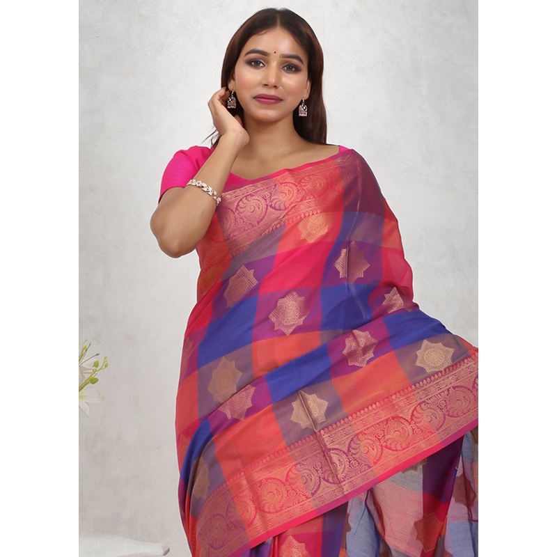 Multicolor Kora Silk Saree With Blouse Piece - JD986614712