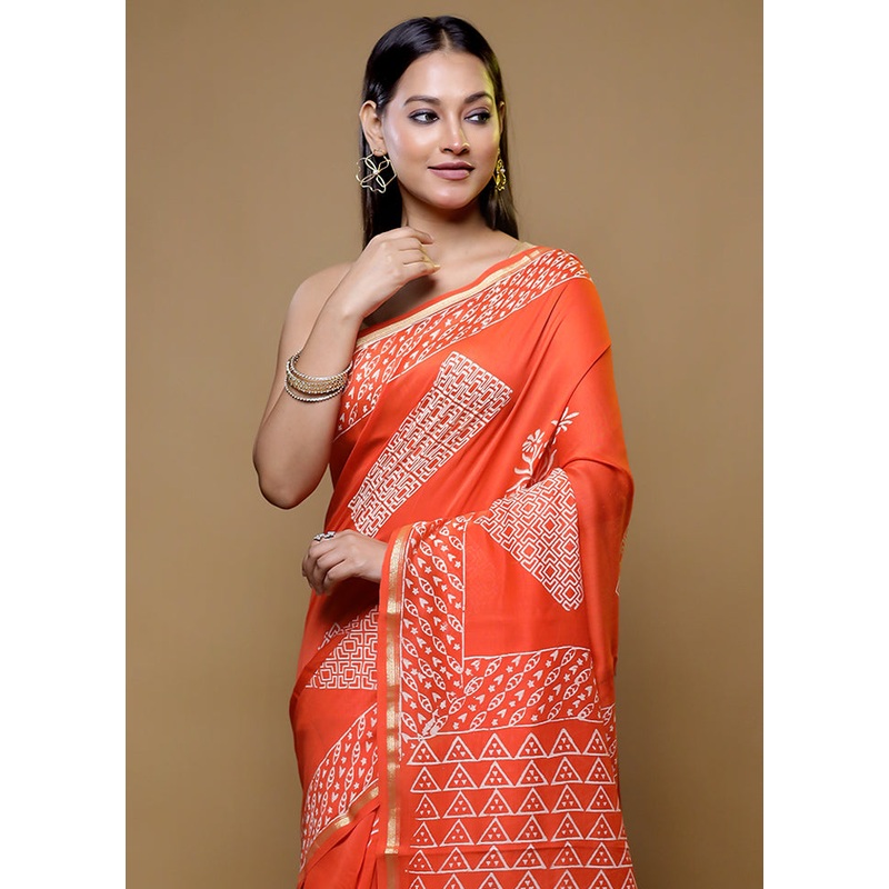 Orange Chanderi Cotton Saree With Blouse Piece - JD986614764