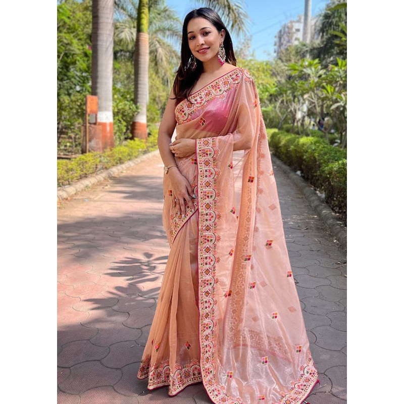 Peach Net Saree With Blouse Piece - JD986614896
