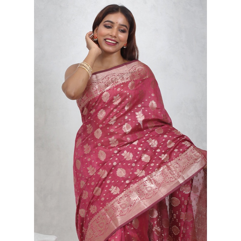 Pink Cotton Saree With Blouse Piece - JD986614713