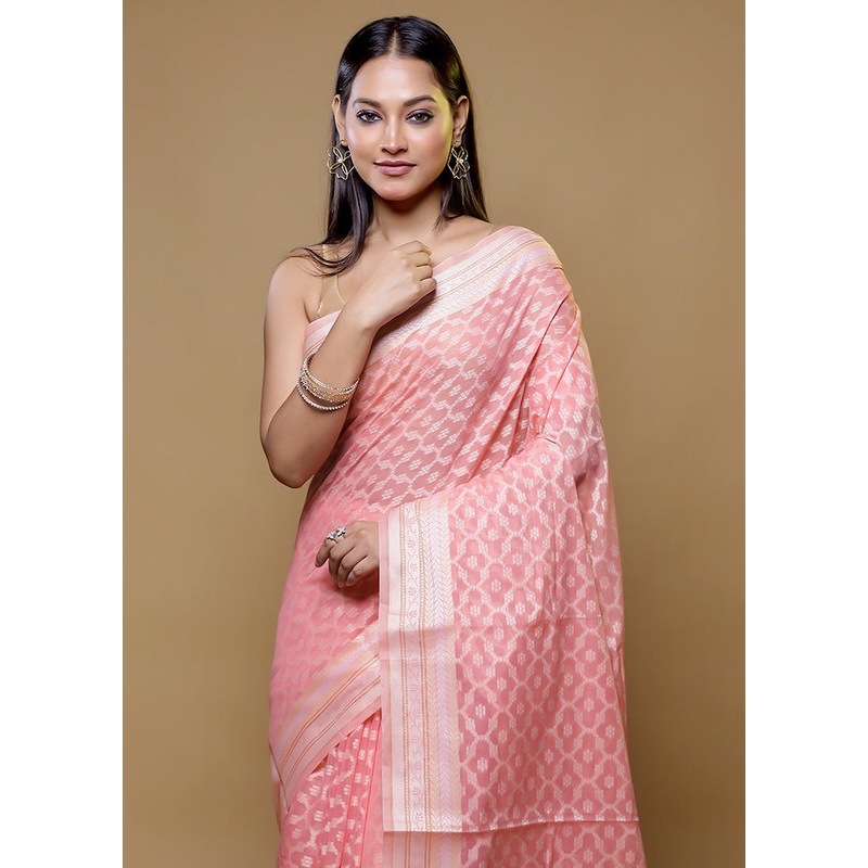 Pink Cotton Saree With Blouse Piece - JD986614761