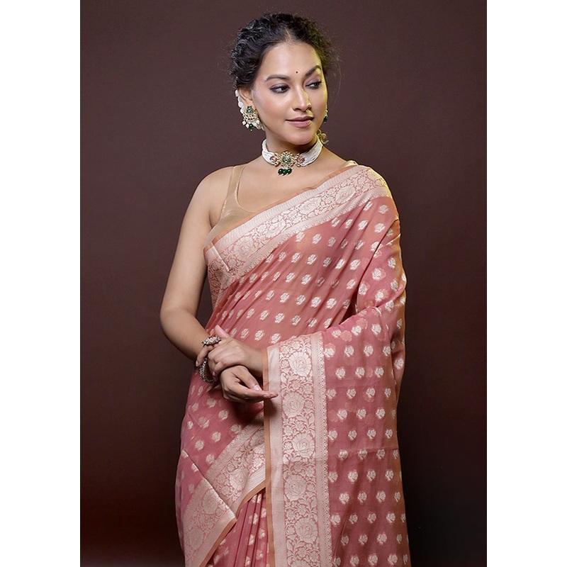 Pink Cotton Saree With Blouse Piece - JD986614762